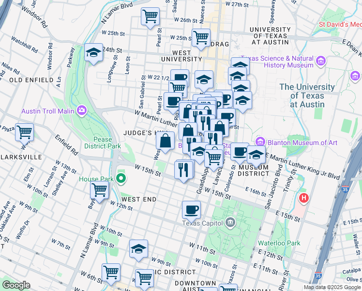 map of restaurants, bars, coffee shops, grocery stores, and more near 1700 Nueces Street in Austin