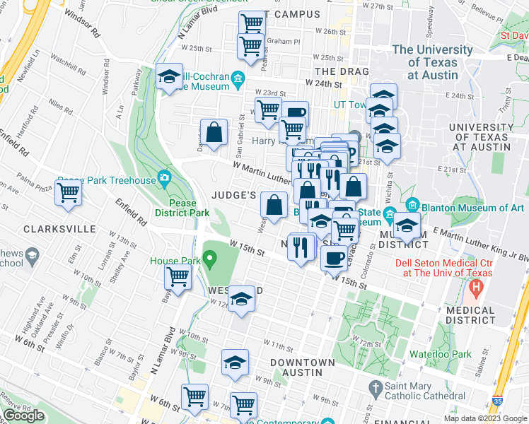 map of restaurants, bars, coffee shops, grocery stores, and more near in Austin