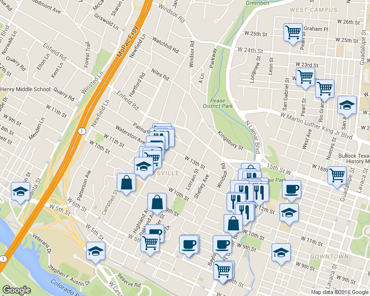 map of restaurants, bars, coffee shops, grocery stores, and more near 1408 West 13th Street in Austin