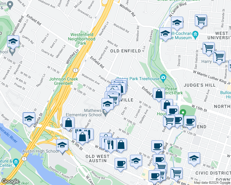 map of restaurants, bars, coffee shops, grocery stores, and more near in Austin