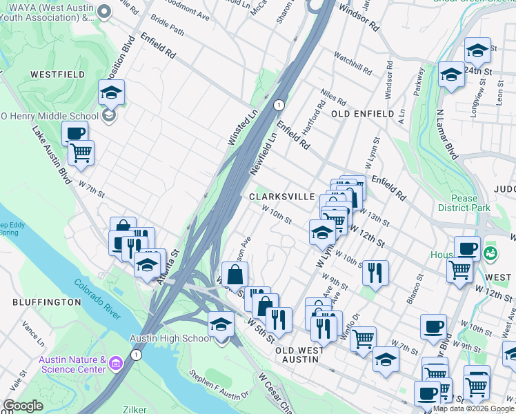 map of restaurants, bars, coffee shops, grocery stores, and more near 905 Patterson Avenue in Austin