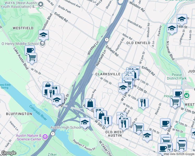 map of restaurants, bars, coffee shops, grocery stores, and more near 905 Patterson Avenue in Austin