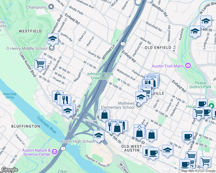 map of restaurants, bars, coffee shops, grocery stores, and more near 811-813 Theresa Avenue in Austin