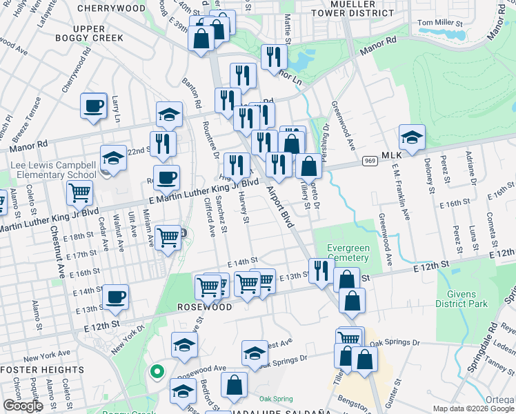map of restaurants, bars, coffee shops, grocery stores, and more near 3014 East 17th Street in Austin