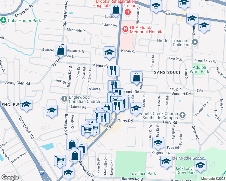 map of restaurants, bars, coffee shops, grocery stores, and more near 4210 State Highway 109 A in Jacksonville