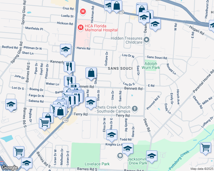 map of restaurants, bars, coffee shops, grocery stores, and more near 2412 Una Drive in Jacksonville