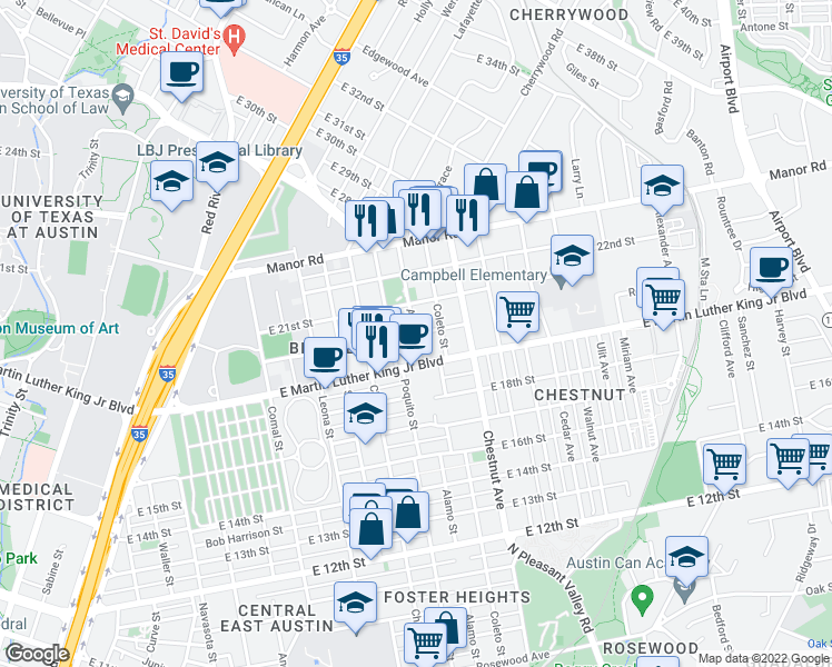 map of restaurants, bars, coffee shops, grocery stores, and more near Alamo St & E 20th St in Austin