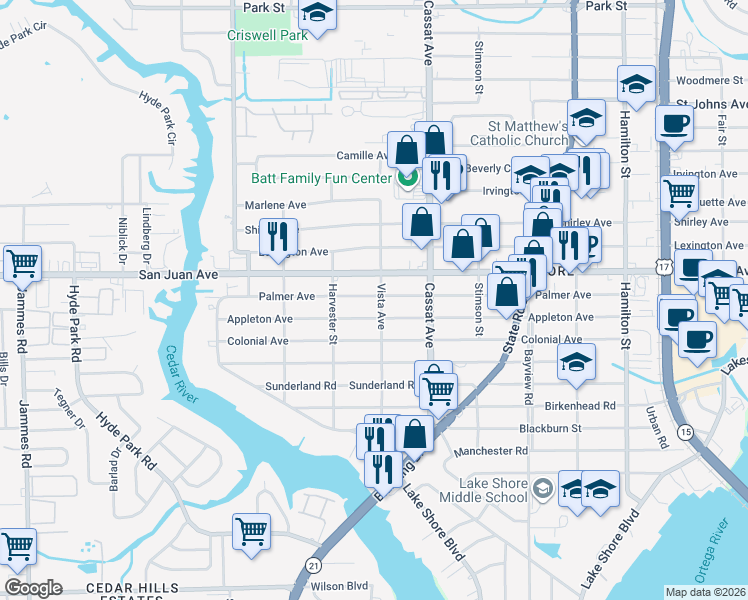 map of restaurants, bars, coffee shops, grocery stores, and more near 5051 Appleton Avenue in Jacksonville