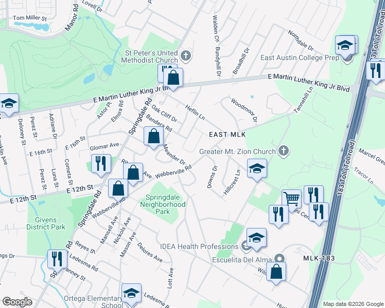 map of restaurants, bars, coffee shops, grocery stores, and more near 1603 Meander Drive in Austin