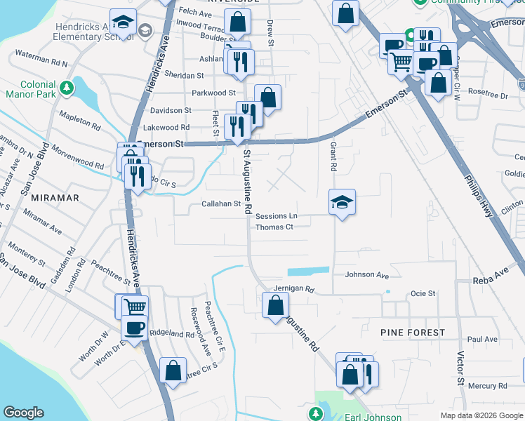 map of restaurants, bars, coffee shops, grocery stores, and more near 3957 Saint Augustine Road in Jacksonville