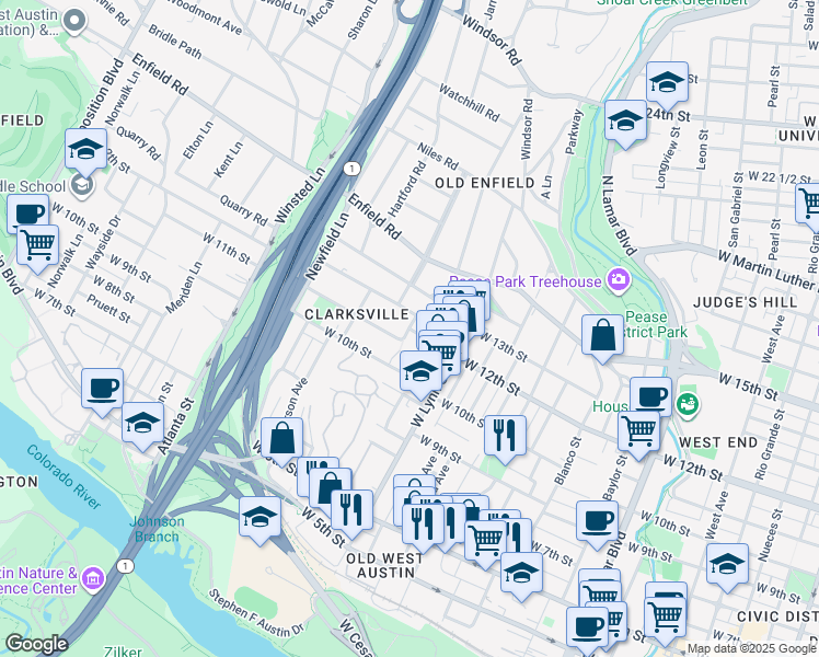 map of restaurants, bars, coffee shops, grocery stores, and more near W 12th St & Charlotte St in Austin