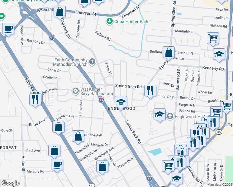 map of restaurants, bars, coffee shops, grocery stores, and more near 4261 Spring Park Road in Jacksonville