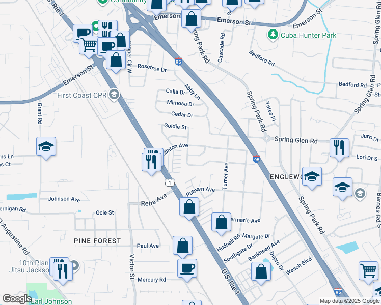 map of restaurants, bars, coffee shops, grocery stores, and more near 4411 De Kalb Avenue in Jacksonville