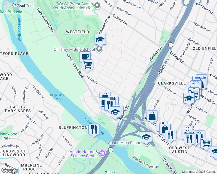 map of restaurants, bars, coffee shops, grocery stores, and more near 2600 Lake Austin Boulevard in Austin