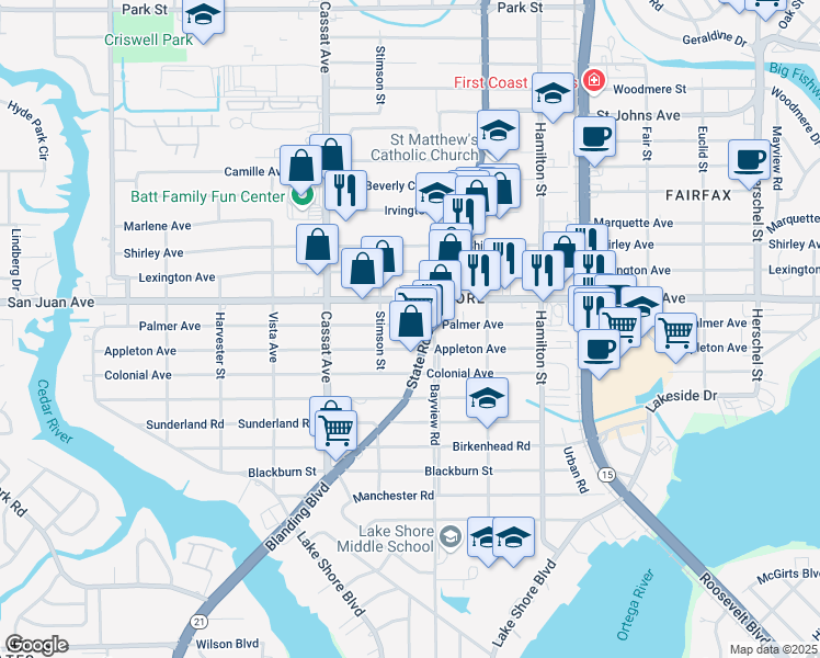 map of restaurants, bars, coffee shops, grocery stores, and more near 4744 Appleton Avenue in Jacksonville