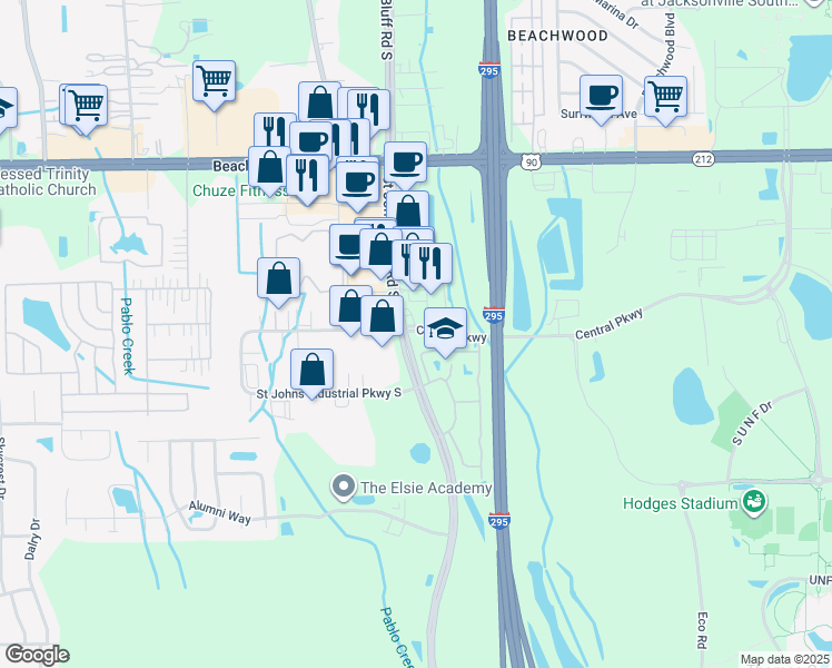 map of restaurants, bars, coffee shops, grocery stores, and more near 3 Central Parkway in Jacksonville
