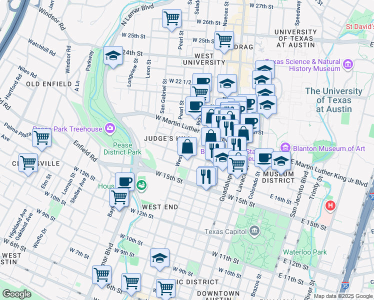 map of restaurants, bars, coffee shops, grocery stores, and more near 1703 West Avenue in Austin