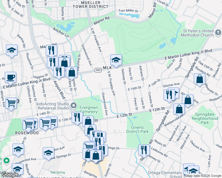 map of restaurants, bars, coffee shops, grocery stores, and more near 3513 East 17th Street in Austin