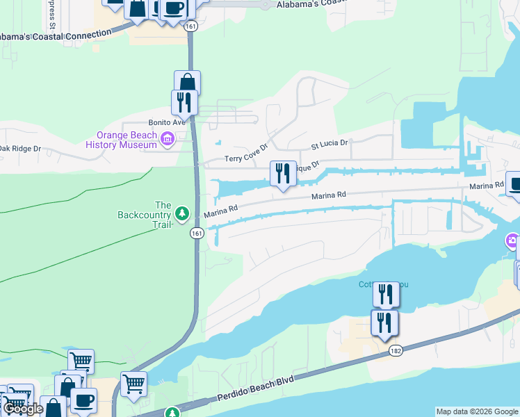 map of restaurants, bars, coffee shops, grocery stores, and more near 26193 Carondelette Drive in Orange Beach
