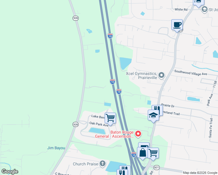 map of restaurants, bars, coffee shops, grocery stores, and more near 36481 Rue Lamonte in Prairieville
