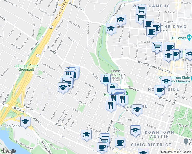 map of restaurants, bars, coffee shops, grocery stores, and more near Enfield Road & Lorrain Street in Austin