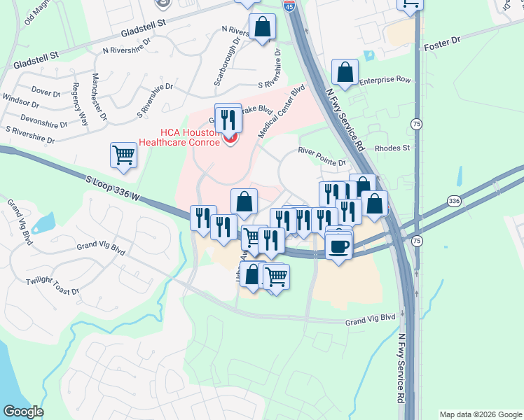 map of restaurants, bars, coffee shops, grocery stores, and more near Grand Lake Drive in Conroe