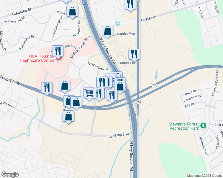 map of restaurants, bars, coffee shops, grocery stores, and more near 220 South Loop 336 West in Conroe