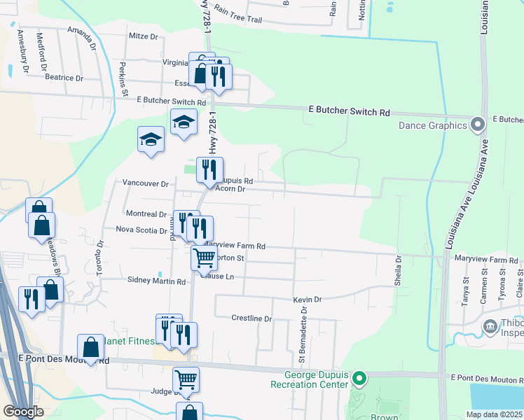 map of restaurants, bars, coffee shops, grocery stores, and more near 305 Maryview Farm Road in Lafayette