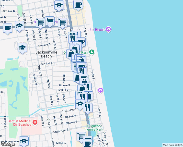 map of restaurants, bars, coffee shops, grocery stores, and more near 119 9th Avenue South in Jacksonville Beach