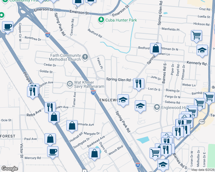 map of restaurants, bars, coffee shops, grocery stores, and more near 4261 Spring Park Road in Jacksonville
