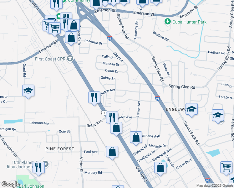map of restaurants, bars, coffee shops, grocery stores, and more near 4411 De Kalb Avenue in Jacksonville
