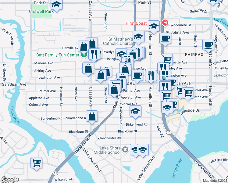 map of restaurants, bars, coffee shops, grocery stores, and more near 4744 Appleton Avenue in Jacksonville