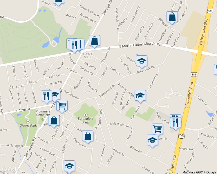 map of restaurants, bars, coffee shops, grocery stores, and more near 1615 Webberville Road in Austin