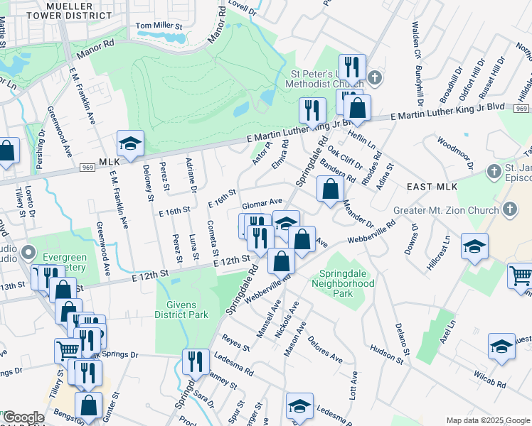 map of restaurants, bars, coffee shops, grocery stores, and more near 4601 Ribbecke Avenue in Austin