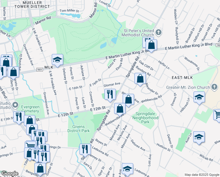 map of restaurants, bars, coffee shops, grocery stores, and more near 1308 Springdale Road in Austin