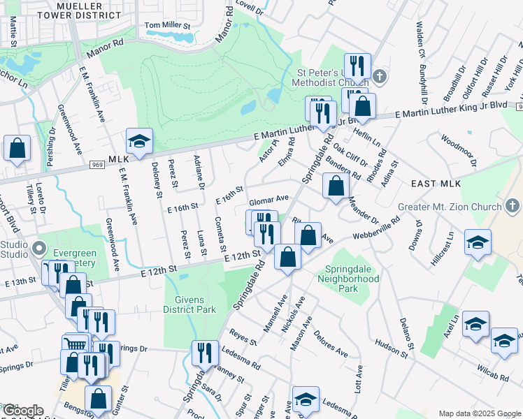 map of restaurants, bars, coffee shops, grocery stores, and more near 1308 Springdale Road in Austin