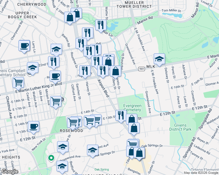 map of restaurants, bars, coffee shops, grocery stores, and more near 1702 Lovingood Drive in Austin