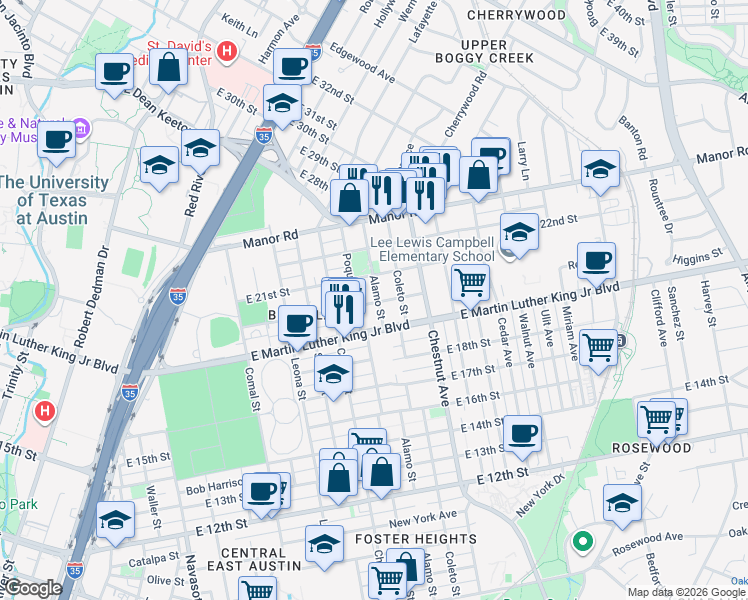 map of restaurants, bars, coffee shops, grocery stores, and more near in Austin