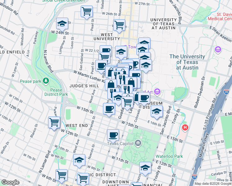 map of restaurants, bars, coffee shops, grocery stores, and more near 1709 San Antonio Street in Austin