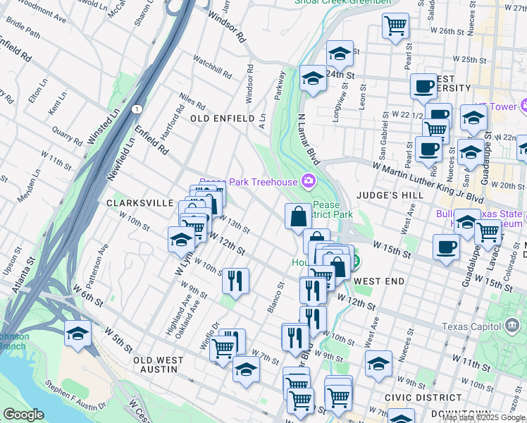 map of restaurants, bars, coffee shops, grocery stores, and more near 1403 Lorrain Street in Austin