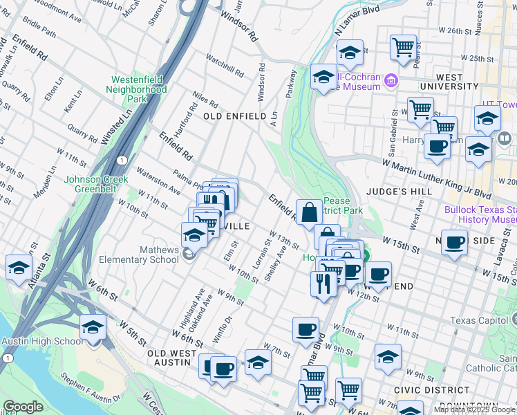map of restaurants, bars, coffee shops, grocery stores, and more near 1408 West 13th Street in Austin