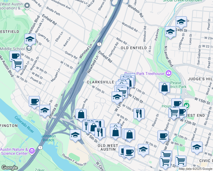 map of restaurants, bars, coffee shops, grocery stores, and more near 1710 West 10th Street in Austin