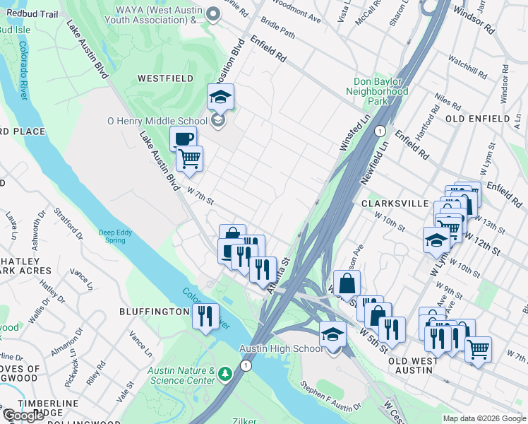 map of restaurants, bars, coffee shops, grocery stores, and more near 710 Meriden Lane in Austin