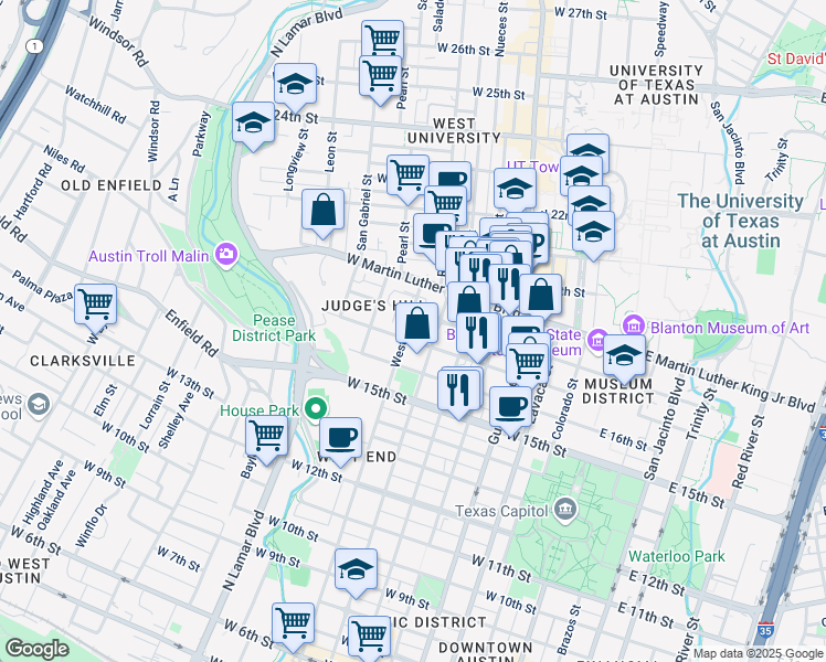map of restaurants, bars, coffee shops, grocery stores, and more near 1703 West Avenue in Austin
