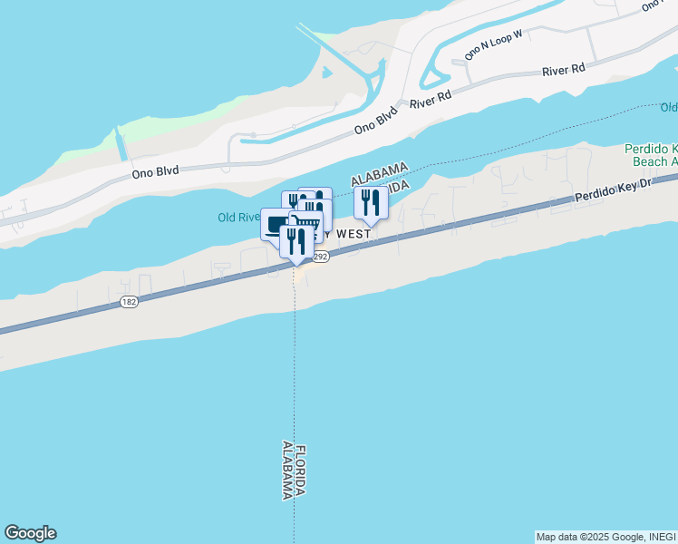 map of restaurants, bars, coffee shops, grocery stores, and more near 17353 Perdido Key Drive in Pensacola