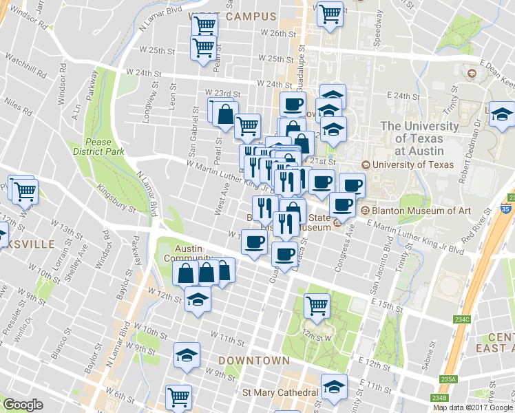 map of restaurants, bars, coffee shops, grocery stores, and more near Nueces St & W 18th St in Austin