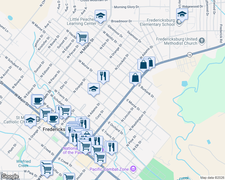 map of restaurants, bars, coffee shops, grocery stores, and more near 104 East Centre Street in Fredericksburg