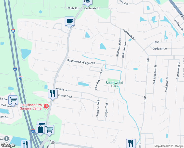 map of restaurants, bars, coffee shops, grocery stores, and more near 37413 Parkwood Avenue in Prairieville