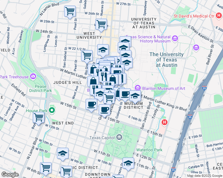 map of restaurants, bars, coffee shops, grocery stores, and more near 1800 Lavaca Street in Austin