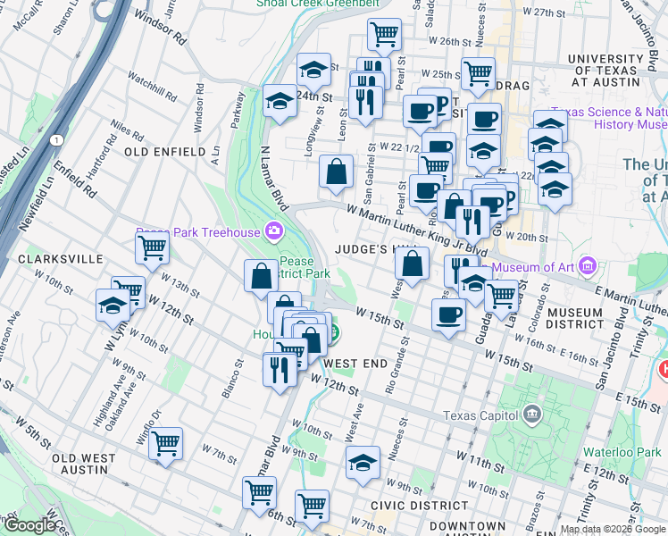map of restaurants, bars, coffee shops, grocery stores, and more near 1609 Shoal Creek Boulevard in Austin